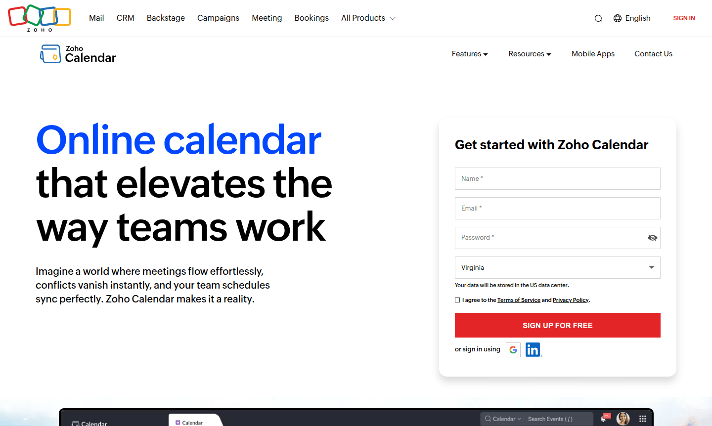 Zoho Calendar interface preview