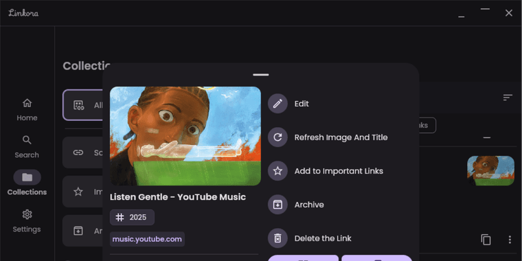 Linkora 0.14.0 bookmark manager interface showing tag support and folder organization