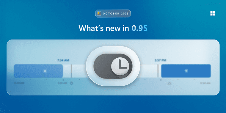 PowerToys 0.95 Light Switch utility interface showing automatic theme switching options