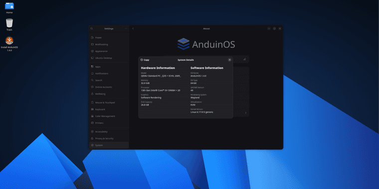 AnduinOS 1.4 desktop interface showing modern Linux desktop environment