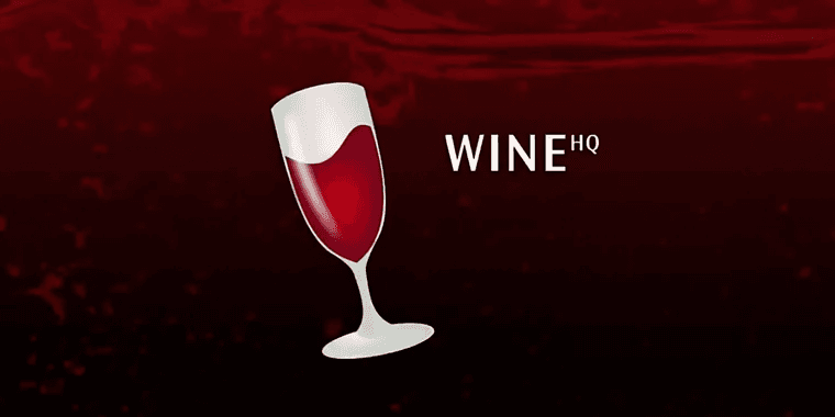 Wine 10.20 logo and graphical interface showcasing Windows application compatibility on Linux