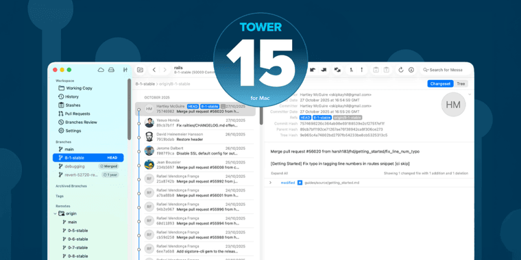Tower 15 Git client interface showing branch management features on macOS