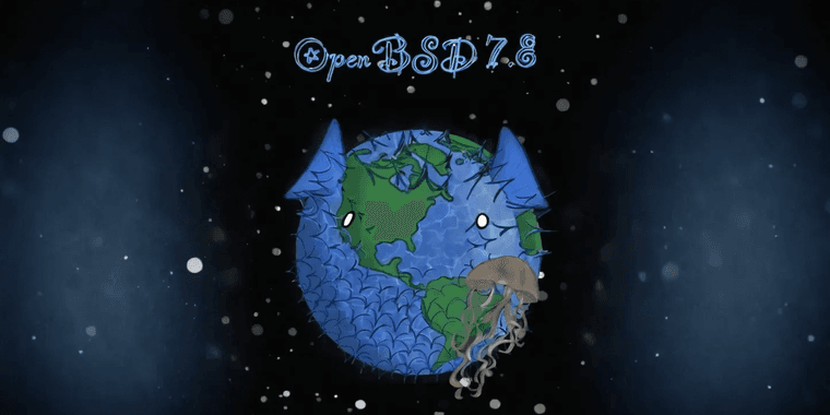 OpenBSD 7.8 operating system interface showing new features and hardware support