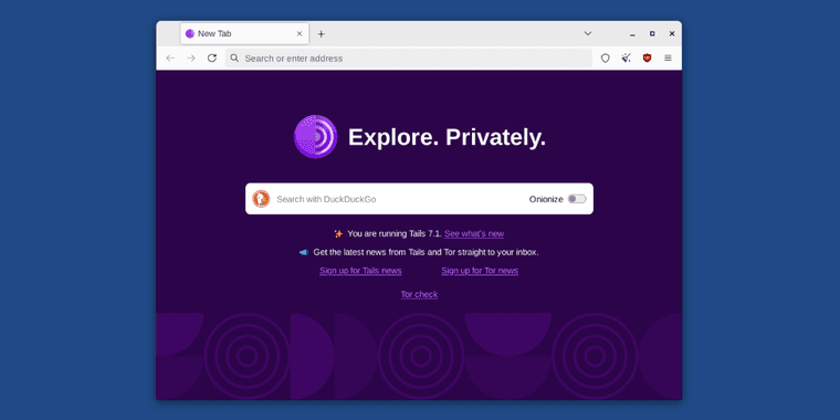 Tails 7.1 operating system interface showing Tor Browser with offline home page