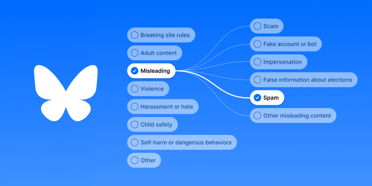 Bluesky moderation tools interface showing expanded reporting categories
