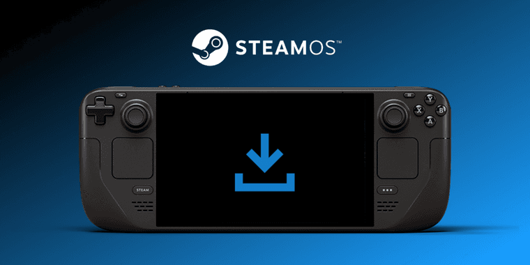 Steam Deck handheld gaming device with screen off showing download progress indicator