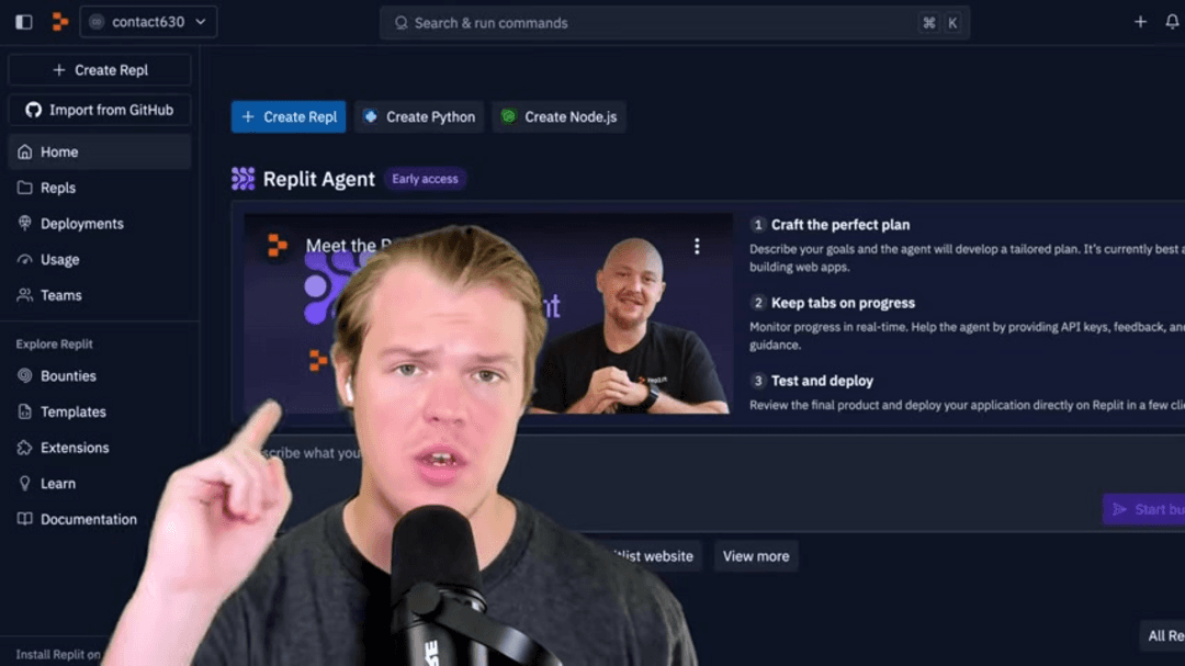 Replit Agent AI coding assistant interface showing natural language prompt input and generated code