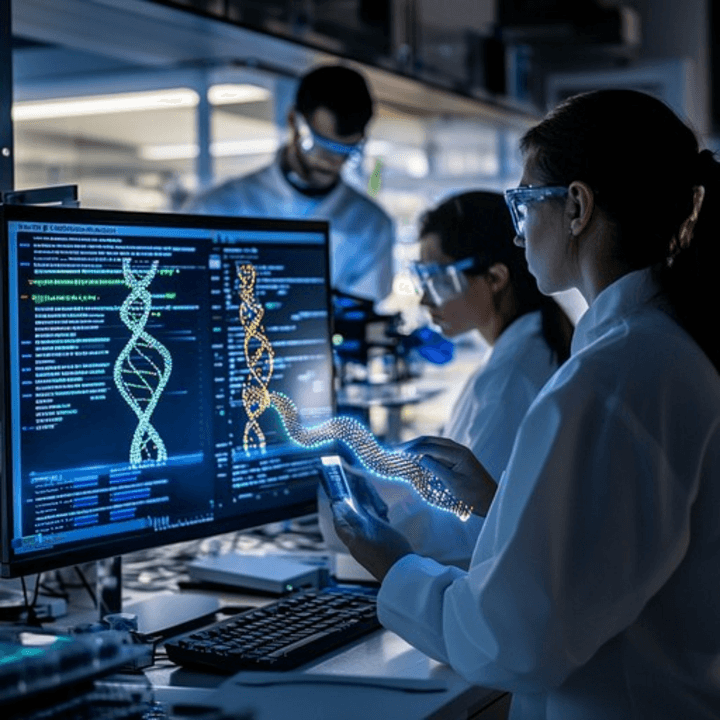 AlphaGenome AI genomic prediction interface showing DNA sequence analysis and gene behavior predictions