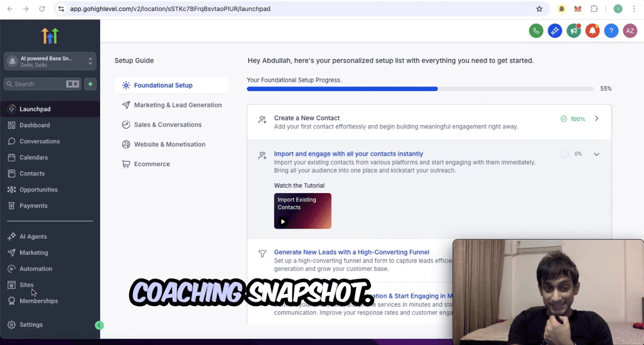 GoHighLevel AI Coaching Snapshot dashboard interface showing automation features