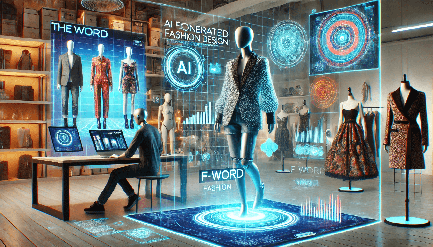 Modern fashion designer using AI tools on digital tablet with creative interface