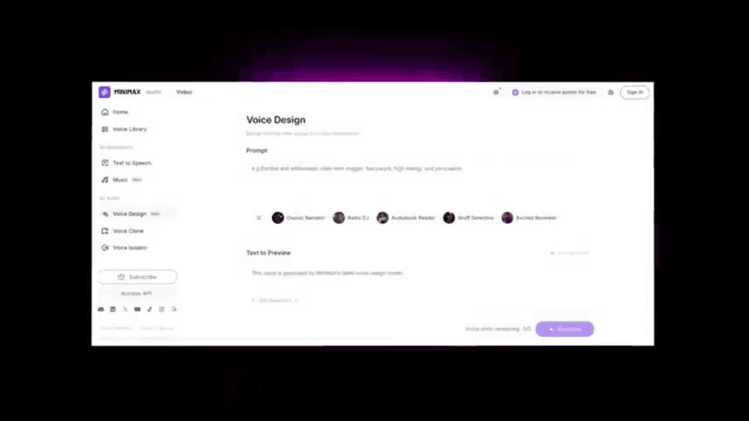 MiniMax Audio interface showing AI voice cloning and text-to-speech features