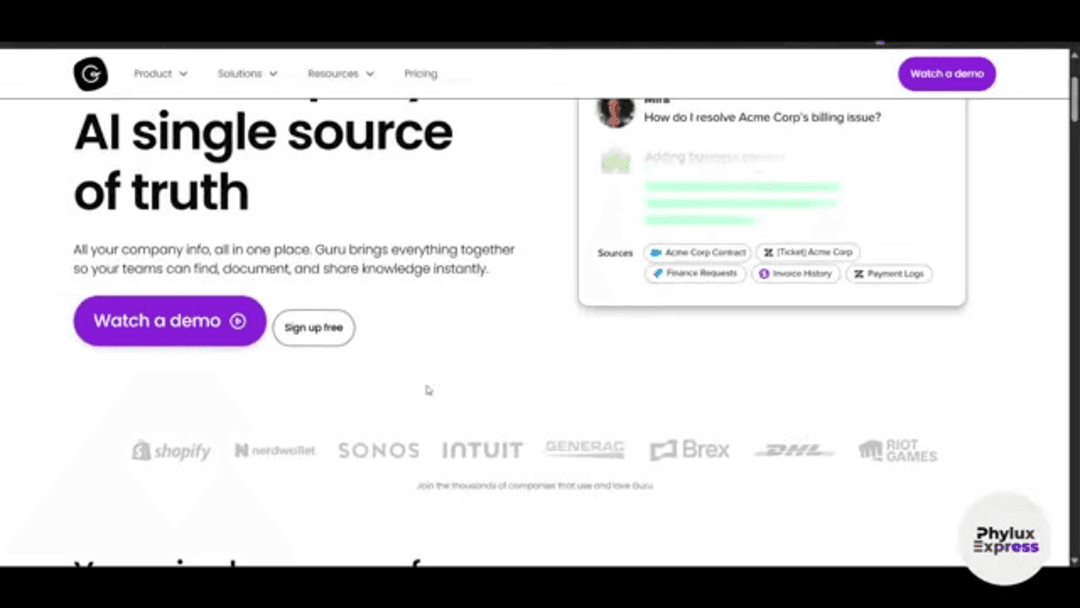 Guru AI knowledge management platform dashboard interface showing cards and search functionality