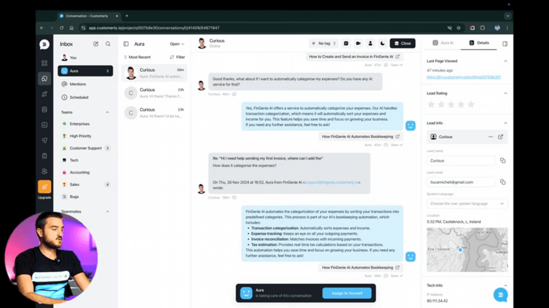 Customerly AI Assistant dashboard showing unified inbox and communication channels