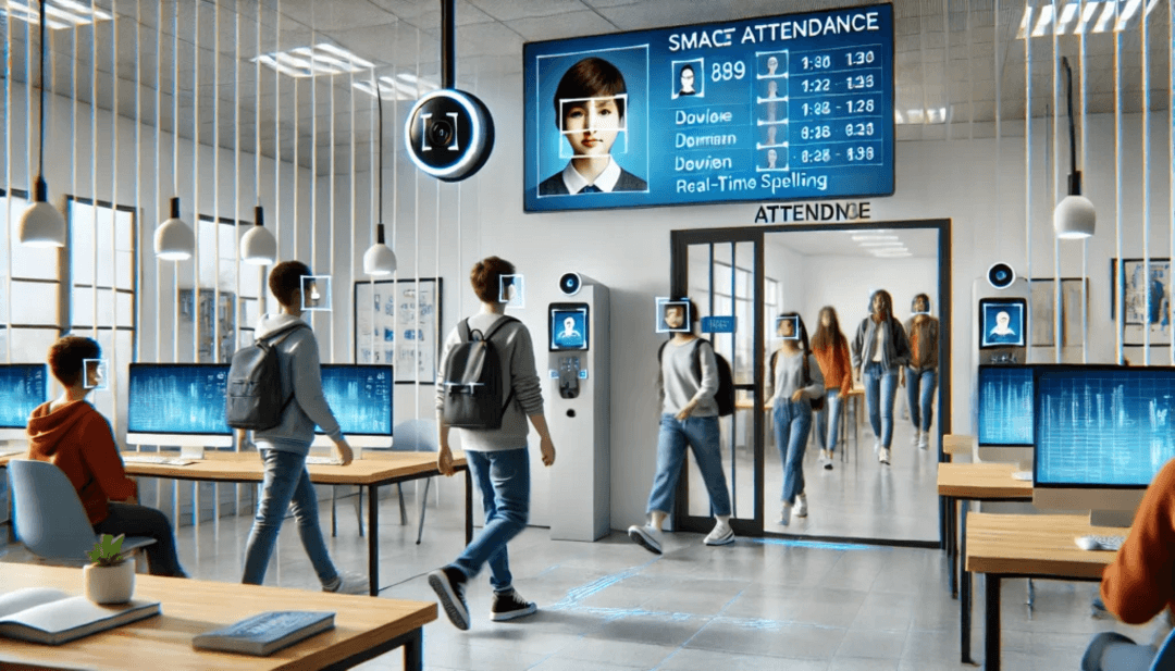 Modern classroom with face recognition attendance system capturing student presence automatically