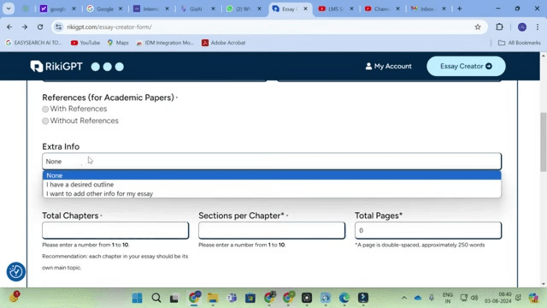RikiGPT AI academic writing tool interface showing automated research paper creation