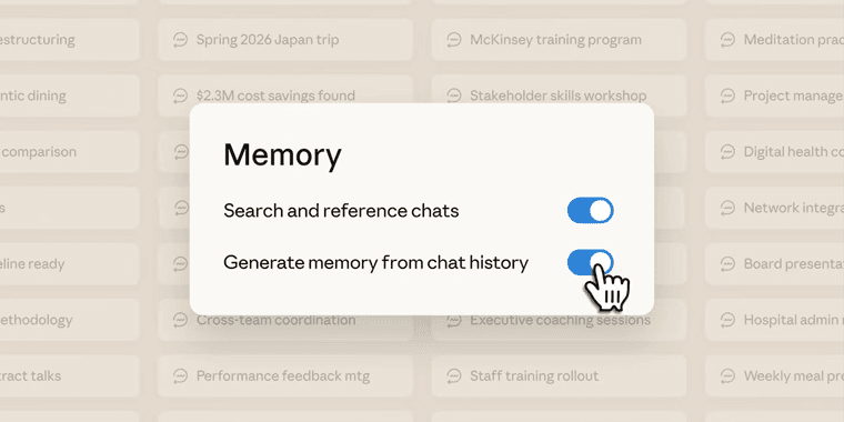 Claude AI assistant interface showing memory settings and admin controls