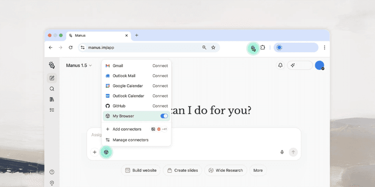 Manus Browser Operator extension interface showing automation workflow in Chrome browser