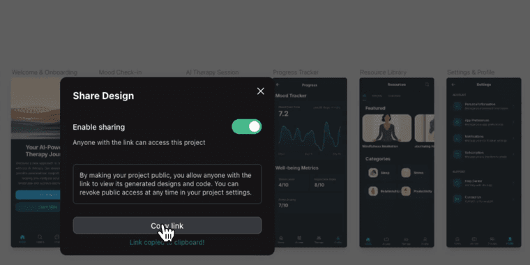 Google Stitch interface showing public sharing feature for design projects