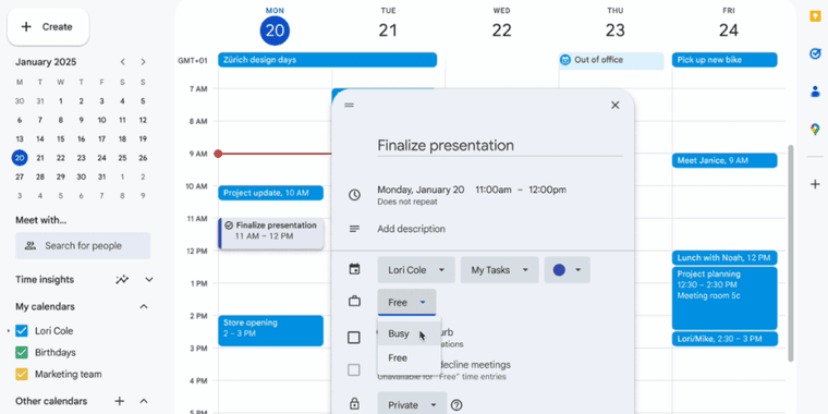 Google Calendar interface showing new task blocking feature with time slots and reminders