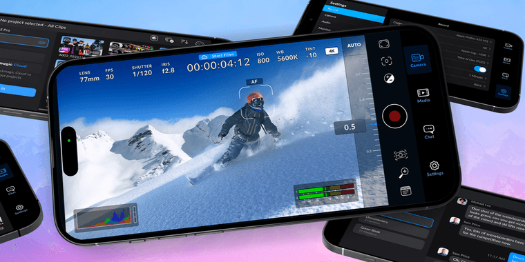 Blackmagic Camera 3.2 interface on Android device showing streaming options