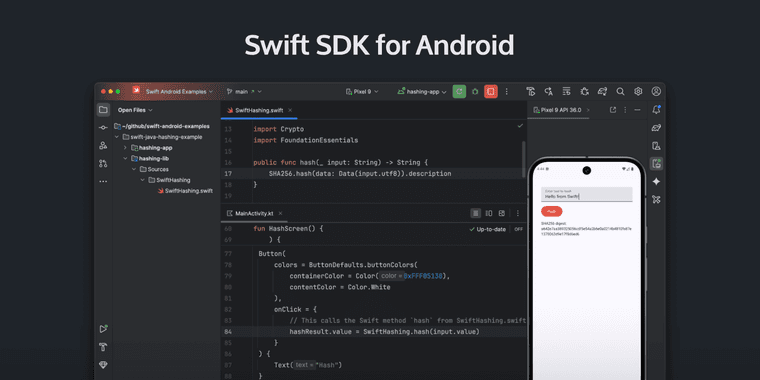 Swift SDK for Android development showing code compilation on mobile devices