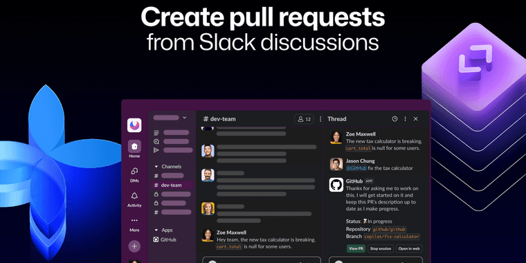 GitHub Copilot integration with Slack showing code suggestions in chat interface