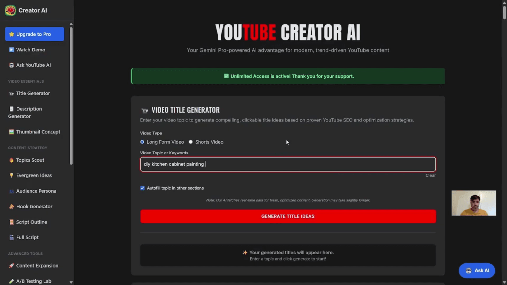 YouTube Creator AI dashboard interface showing AI content generation tools