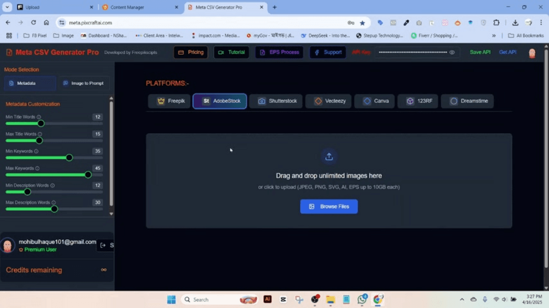 Meta CSV Generator Pro interface showing metadata generation and image processing features