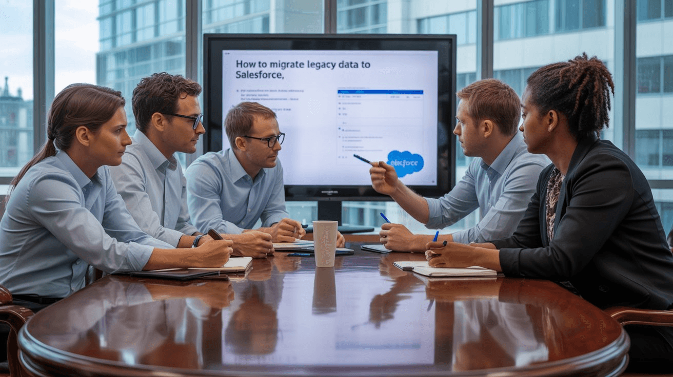 Salesforce data migration process visualization showing data transfer from legacy systems to Salesforce CRM