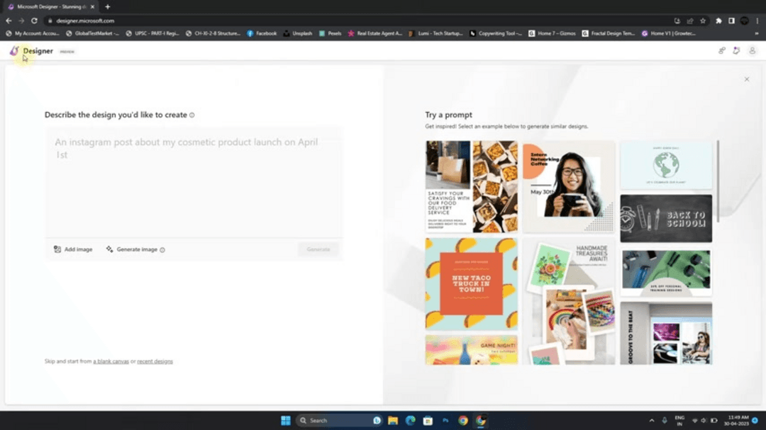 Microsoft Designer interface showing AI design generation capabilities