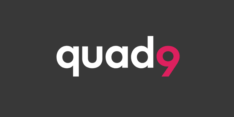Quad9 DNS service logo with encrypted DNS connection visualization