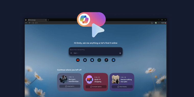 Microsoft Edge browser interface showing Copilot AI features and automation tools