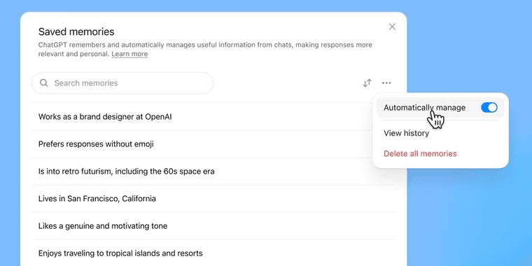 ChatGPT interface showing memory management features for premium users