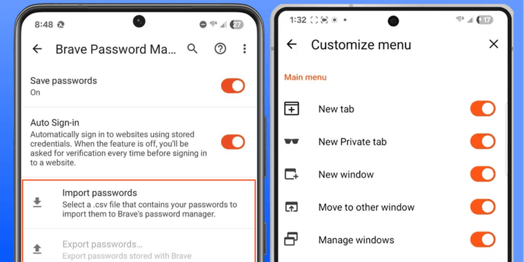 Brave browser for Android showing password import and menu customization options
