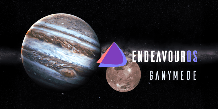 EndeavourOS Ganymede desktop showing KDE Plasma 6.5 interface with modern design elements