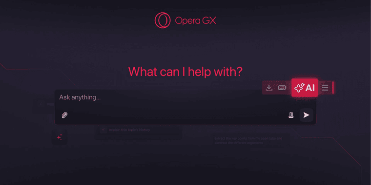 Opera GX browser interface showing the new AI side panel and toolbar button