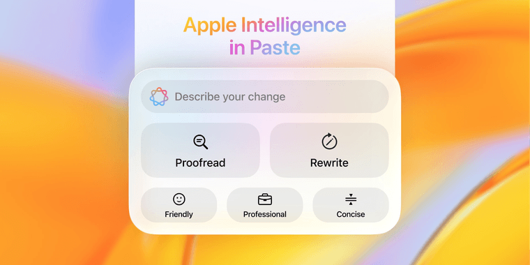 Paste app interface showing Apple Intelligence writing and proofreading features