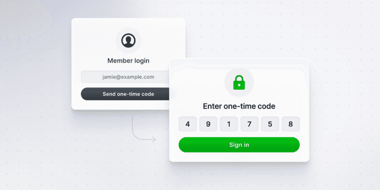Ghost CMS authentication interface showing one-time code and magic link options