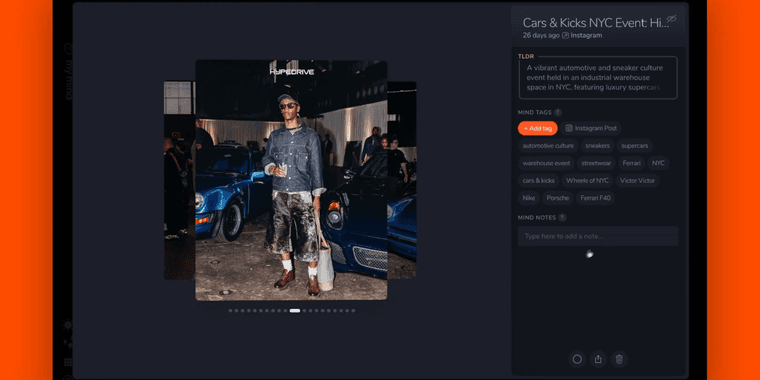mymind Instagram gallery posts saving feature interface showing multiple image carousels