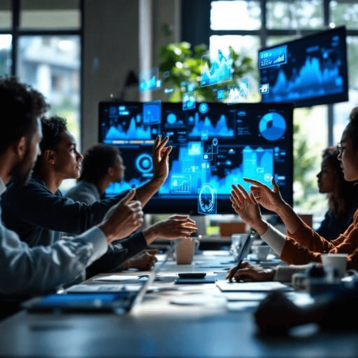 Modern business team collaborating around digital knowledge management dashboard with AI analytics