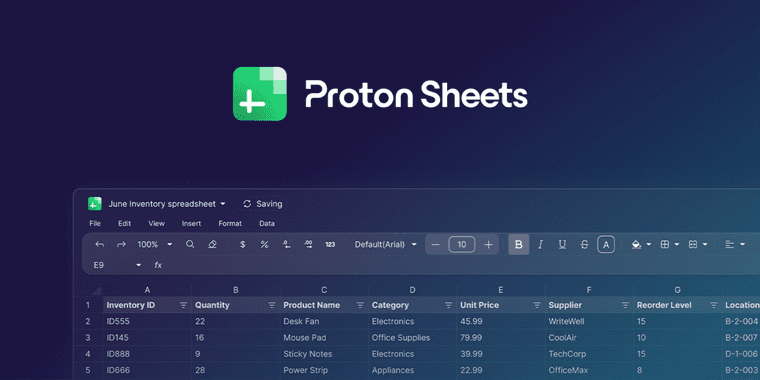 Proton Sheets interface showing encrypted spreadsheet with privacy-focused features