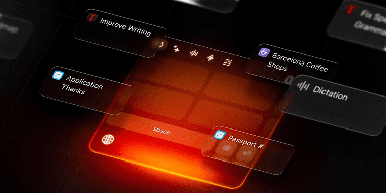 Raycast Keyboard iOS interface showing AI commands and dictation features