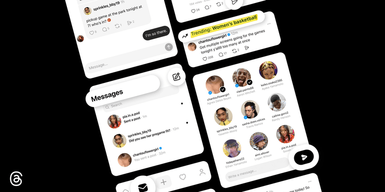 Threads app interface showing new group chat and messaging features available in European Union