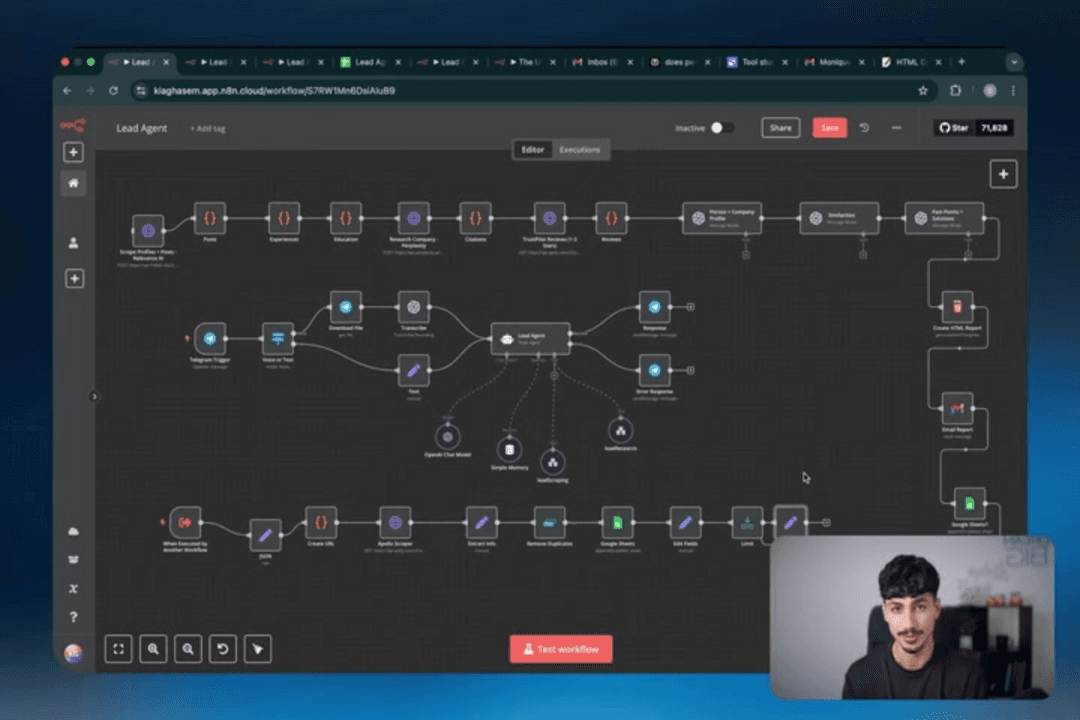 N8N workflow automation platform interface showing lead generation automation setup