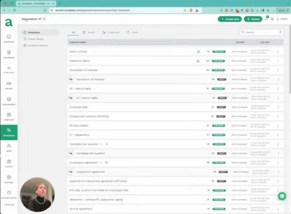 Avokaado AI legal automation platform interface showing document processing workflow