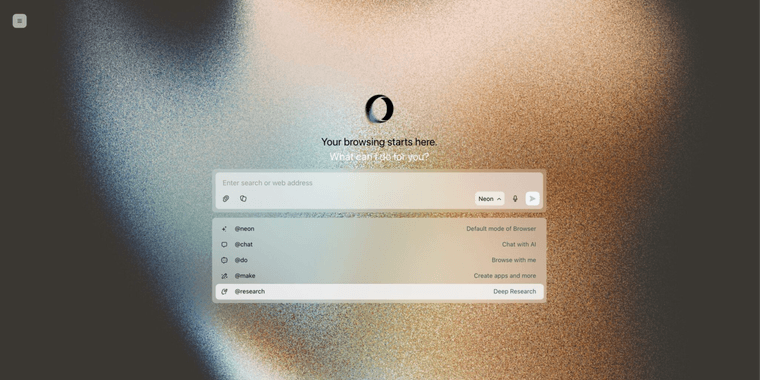 Opera Neon browser interface featuring ODRA AI research panel