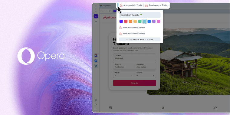 Opera One R3 browser interface showing customizable Tab Islands with different colors and names