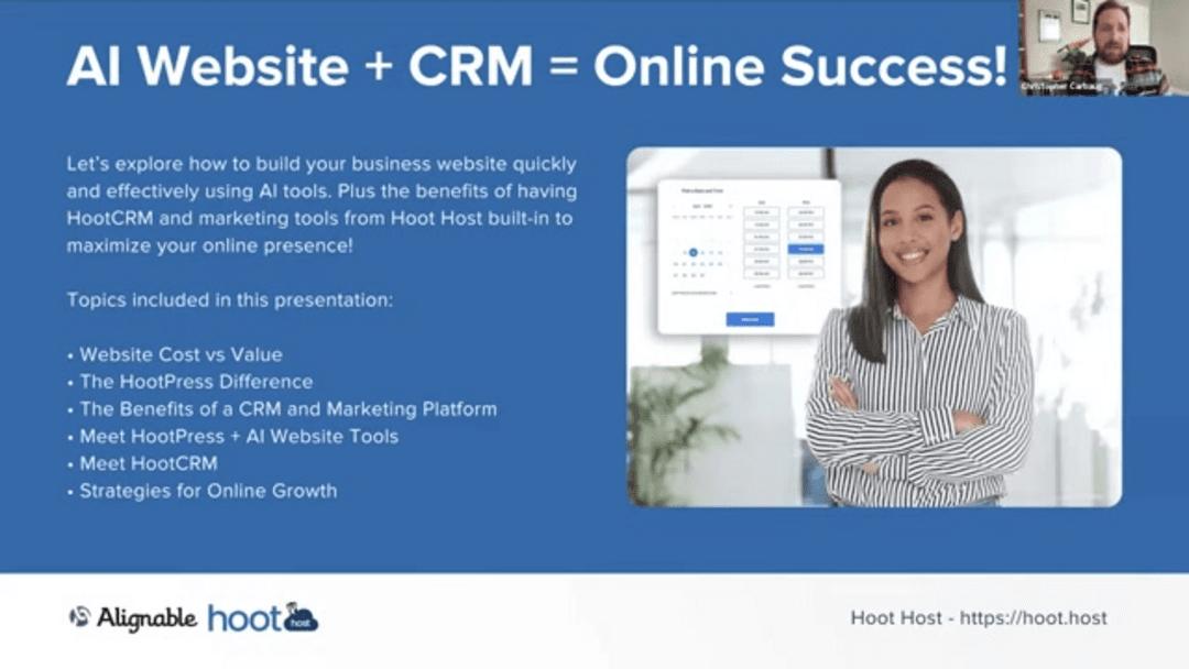 Modern business dashboard showing AI website builder and CRM integration working together