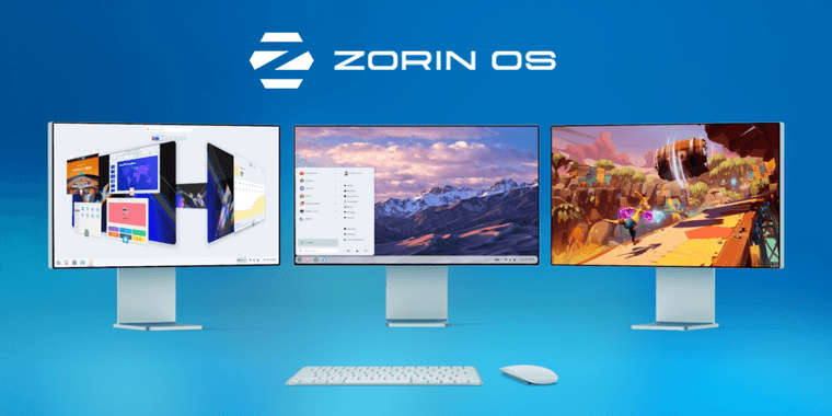 Zorin OS 18 desktop showing modern interface with rounded corners and floating panel