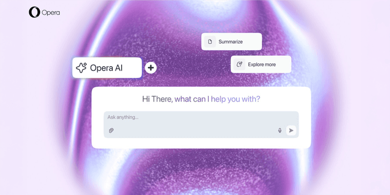 Opera browser interface showing the new AI side panel with Google Gemini integration